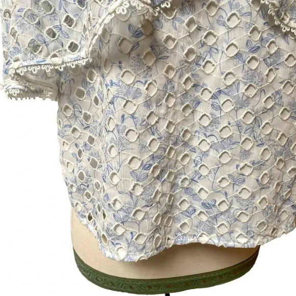 ML Monique Lhuillier Blue White Eyelet Off Shoulder Blouse Size Small - Picture 4 of 16